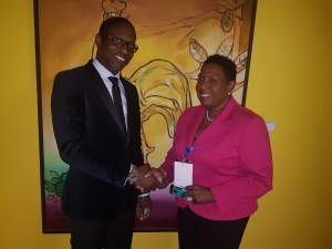 Minister of Culture, Gender, Entertainment and Sport, the Honourable Olivia Grange and Marcellin Dally, Secretary of the Anti-Doping Convention, UNESCO, found time for a photograph at the 39th Session of the UNESCO General Conference now underway in Paris after discussions on anti-doping in sport.