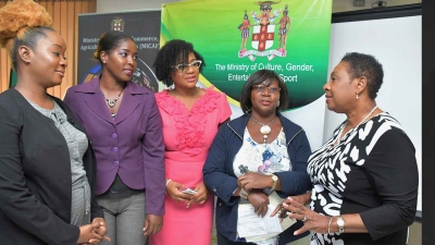 The Minister of Culture, Gender, Entertainment and Sport, the Honourable Olivia Grange (right) in conversation with Dr. Charah Watson; Shernette Mott; Yolande Gooden-Rhoden and Irene Moore (left to right), the first batch of grant recipients in the Women’s Entrepreneurship Support Project.