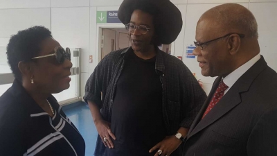 Minister of Culture, Gender, Entertainment and Sport, the Honourable Olivia Grange took time out to visit Count Prince Miller at the Chelsea and Westminster Hospital in London. Accompanying her was the Jamaican High Commissioner in London, His Excellency Seth George Ramocan (right). On hand to receive them was Jean-Pierre Miller, son of Count Prince Miller (centre).