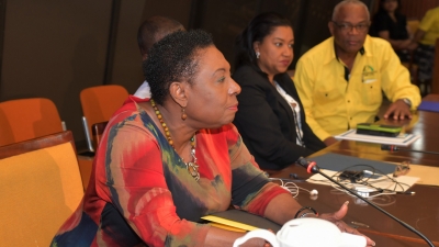 Minister of Culture, Gender, Entertainment and Sport, the Honourable Olivia Grange (left), announces new requirements for national sports federations to access funding from the Ministry and the Sports Development Foundation.  The Minister made the announcement during a meeting of national sports federations/associations at the Jamaica Conference Centre on Wednesday, 24 April 2019.  Looking on are Sandra Brown, Citizenship Manager of PICA  and General Manager of Independence Park Limited, Major Desmon Brown.