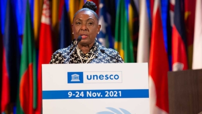 The Minister of Culture, Gender, Entertainment and Sport, the Honourable Olivia Grange, addresses the plenary meeting of the UNESCO General Conference