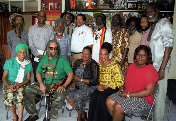 The Hononorable Olivia Grange, Minister of Culture, Gender, Entertainment and Sport with members of Rastafari Mansions and Groups following a meeting to discuss Rastafari matters. Also in photo (Front Row, R-L) Debra-Kay Palmer, Director, World Heritage and Cultural Conventions, MCGES; Sister Mitzie Williams, Nyabinghi Council; Ras Gairy Williams, House of Dread; Barbara Blake-Hannah, Director Cultural Research &amp; Information, MCGES; (BACK Row L-R) Ras Garth, Nyabinghi Order; Dorrck Gray, Executive Director, Jamaica National Heritage Trust; Ras Garth Whyte; Bongo Jerry Small; Bernard Janke, Executive Director, African-Caribbean Institute of Jamaica; Priest Dermot Fagan, H.I.M. School of Vision; Dr. Jahlani Niah, Director, Rastafari Studies Center, UWI; Ras Gary Reuben, Twelve Tribes of Israel; Marcus Goffe, Rastafari Youth Initiative, Ras Firstman, Director, Rastafari Indigenous Village.