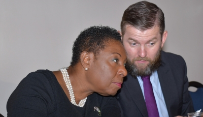 The Minister of Culture, Gender, Entertainment and Sport, the Honourable Olivia Grange with Oliver Dudfield, Head of Sport Development and Peace at the Commonwealth Secretariat