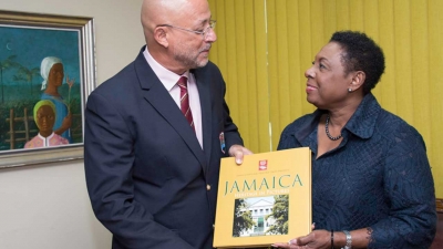 A gift from the Honourable Olivia Grange, Minister of Culture, Gender, Entertainment and Sport, for Mr Ricky Skerritt, the newly-elected President of Cricket West Indies (CWI), following their meeting at the Ministry on Wednesday during which they discussed several matters “on the agenda” for West Indies cricket