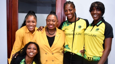 The Minister of Culture, Gender, Entertainment and Sport, the Honourable Olivia Grange (centre) shares a moment with members of the National Netball Team, Abigale Sutherland, Adean Thomas, Latanya Wilson and Kimone Shaw. The Sunshine Girls paid a courtesy call on Minister Grange after finishing third at the 2023 Netball World Cup in South Africa.