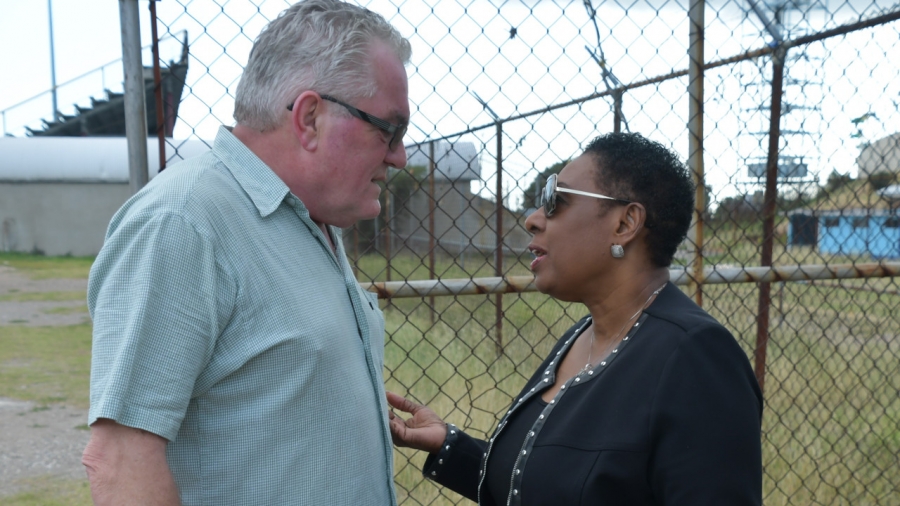 The Honourable Olivia Grange, Minister of Culture, Gender, Entertainment and Sport in discussion with Peter Breuer, Director Export, BSW of Germany at Stadium East