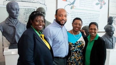 Minister of Culture, Gender, Entertainment and Sport, the Honourable Olivia Grange (2nd right) with Elaine Walker Brown (left); Mayor of St Ann&#039;s Bay, Michael Belnavis and Manager of the Reggae Girls, Jean Nelson