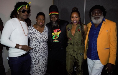 The Honourable Olivia Grange, Minister of Culture, Gender, Entertainment and Sport (second left) with recording artistes Charly Black, Capleton, Queen Ifrica and King Sounds (left to right) at the launch of Rebel Salute 2018 at the Jamaica Pegasus Hotel on Monday. Rebel Salute is celebrating its 25th Anniversary and will be held on January 12 and 13 at Grizzlys Plantation Cove in St. Ann.