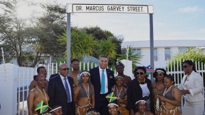 Prime Minister, the Most Honourable Andrew Holness and the Minister of Culture, Gender, Entertainment and Sport, the Honourable Olivia Grange participate in naming of street in honour of National Hero, the Right Excellent Marcus Garvey by the Government of Namibia in Windhoek