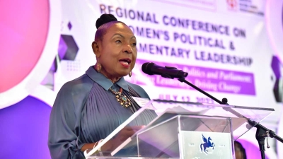 The Minister of Culture, Gender, Entertainment and Sport, the Honourable Olivia Grange, addresses the Regional Conference on Women’s Political and Parliamentary Leadership on Wednesday, 12 July 2023, at Jamaica Pegasus Hotel in Kingston