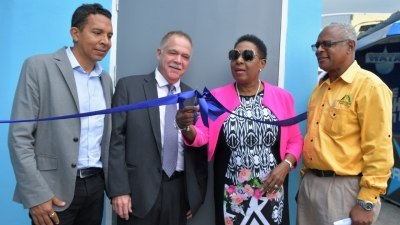 Now officially opened, the upgraded Administrative Building of the Aquatic Sports Association of Jamaica (ASAJ). Participating with the Honourable Olivia Grange, Minister of Culture, Gender, Entertainment and Sport in the ribbon cutting are: David Shirley, Deputy Chairman, Independence Park Limited; Martin Lyn, President, Aquatic Sports Association of Jamaica and Major Desmon Brown, General Manager, Independence