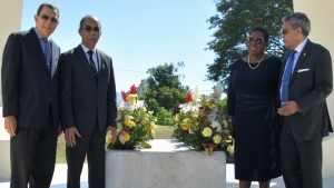 Minister of Culture, Gender, Entertainment and Sport, the Honourable Olivia Grange with the Honourable Dr. Horace Chang, Minister of National Security (second left) representing Prime Minister, the Most Honourable Andrew Holness; Anthony Faloon and Bindley Sangster, sons of Sir Donald Sangster. 