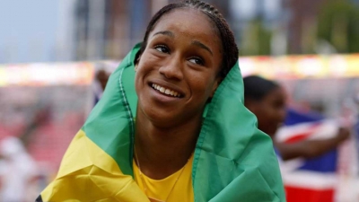 Jamaica&#039;s Briana Williams celebrates at 2018 IAAF U20 Championships in Finland