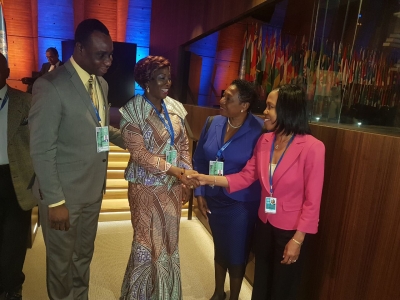 Mme Kandia Camara, Minister of Education of the Republic of Cote d&#039;Ivoire greets Jamaica&#039;s Ambassador to the Kingdom of Belgium and Permanent Representative to the EU and UNESCO Her Excellency Vilma McNish, as the Hon Olivia Grange, Jamaica&#039;s Minister of Culture, Gender, Entertainment and Sport, and Mr Dean Roy Bernard, Permanet Secretary in Jamaica&#039;s Ministry of Education, Youth and Information look on.