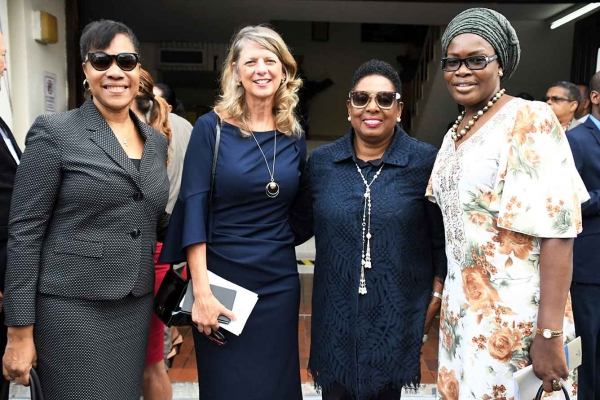 The Honourable Olivia Grange, Minister of Culture, Gender, Entertainment and Sport shares a photo opportunity with Their Excellencies Inés Fors Fernández, Amassador of Cuba to Jamaica; Laurie Peters, High Commissioner of Canada to Jamaica and Janet Omoleegho Olisa, High Commissioner of Nigeria to Jamaica (left to right), at the Ceremonial Opening of Parliament on Thursday, February 15.