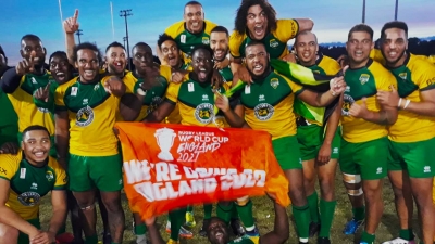 Members of the Reggae Warriors celebrate qualification to the Rugby League World Cup