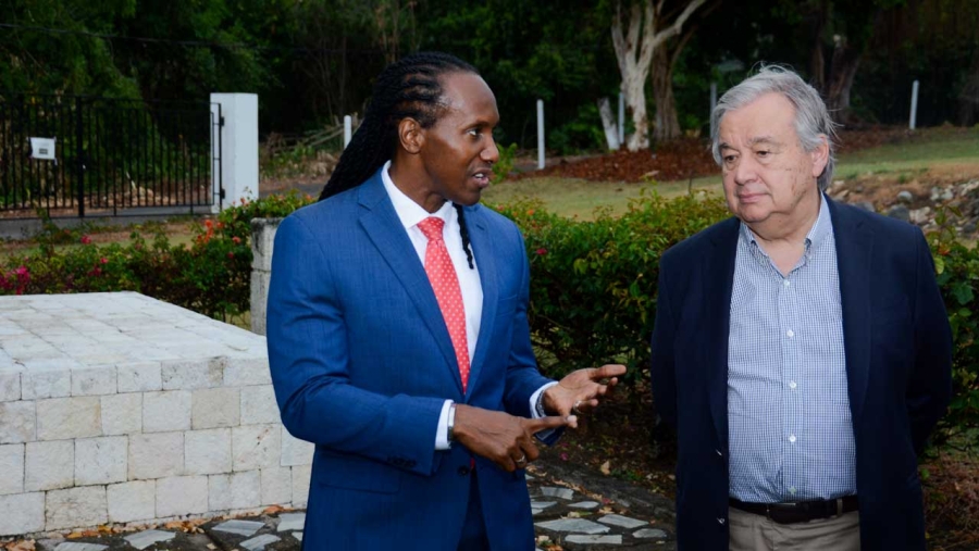 The Minister of State in the Ministry of Culture, Gender, Entertainment and Sport, the Honourable Alando Terrelonge (left) in discussion with the Secretary General of the United Nations, His Excellency Antonio Guterres, at Seville Heritage Park, St Ann