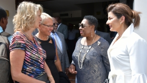 Minister of Culture, Gender, Entertainment and Sport, the Honourable Olivia Grange (second right) in conversation with Canadian High Commissioner to Jamaica, Her Excellency, Laurie Peters; Head of the European Union Delegation to Jamaica, Ambassador Malgorzata Wasilewska and Rose Tavares-Finson, wife of the President of the Senate (left to right) following the Ceremonial Opening of Parliament at Gordon House.