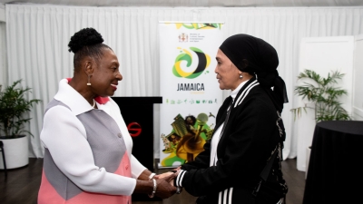The Minister of Culture, Gender, Entertainment and Sport, the Honourable Olivia Grange (left), meets the Indonesian fashion designer, Indah Darry, who is in Jamaica to lead a free workshop in the Art of Indonesian Batik Making.