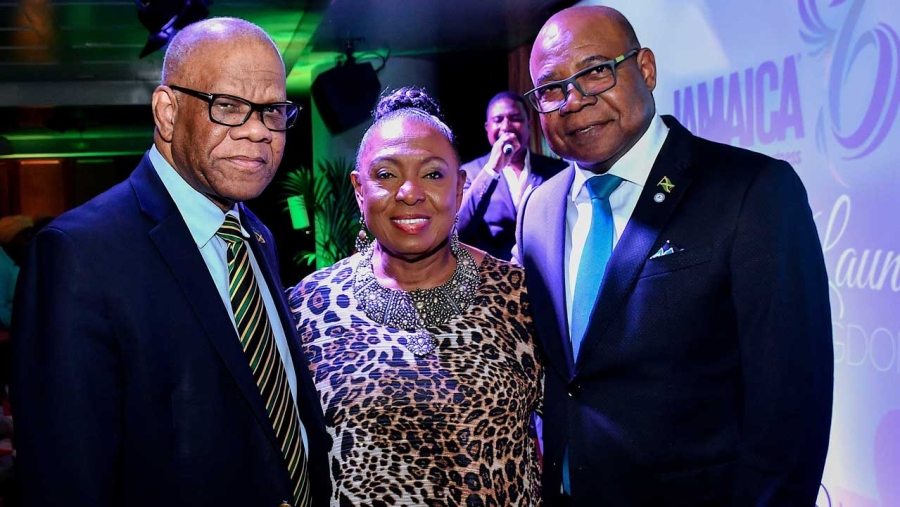 The Minister of Culture, Gender, Entertainment and Sport, the Honourable Olivia Grange (middle), the Minister of Tourism, the Honourable Edmund Bartlett (right), and the High Commissioner of Jamaica to the United Kingdom, His Excellency George Ramocan (right) at the launch of the Jamaica 60 UK programme of activities in London.