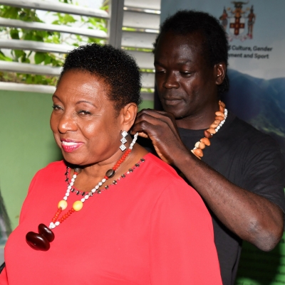 The Honourable Olivia Grange, Minister of Culture, Gender, Entertainment and Sport is photographed with Oral ‘Briggy’ White, one of the entrepreneurs who attended the Economic Opportunities Workshop in Accompong, St. Elizabeth.