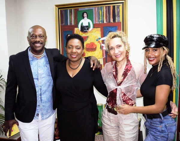 Reggae Artiste J.C. Lodge (second right); husband Errol O'Meally (left) and daughter Gia paid a Courtesy Call on the Honourable Olivia Grange, Minister of Culture, Entertainment, Gender and Sport on Tuesday at her offices in Kingston. JC Lodge, who is well known for her hit songs ‘Telephone Love’ and ‘Someone Loves You Honey’, is in Jamaica to perform at Rebel Salute this Friday night at Grizzlys Plantation Cove in St Ann.