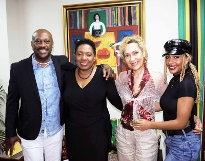 Reggae Artiste J.C. Lodge (second right); husband Errol O&#039;Meally (left) and daughter Gia paid a Courtesy Call on the Honourable Olivia Grange, Minister of Culture, Entertainment, Gender and Sport on Tuesday at her offices in Kingston.  JC Lodge, who is well known for her hit songs ‘Telephone Love’ and ‘Someone Loves You Honey’, is in Jamaica to perform at Rebel Salute this Friday night at Grizzlys Plantation Cove in St Ann.
