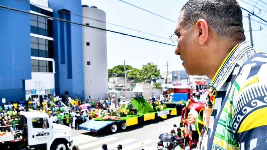 The Prime Minister, the Most Honourable Andrew Holness, views the Float and Street Parade on Emancipation Day