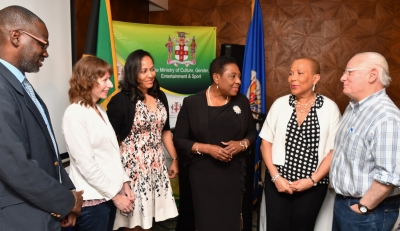 The Honourable Olivia Grange, Minister of Culture, Gender, Entertainment and Sport (4th left) with Denzil Thorpe, Permanent Secretary in the Ministry; Angela Labrador, Technical Consultant, Coherit Associates LLC; Jeanelle Van Glaanenweygel, Organisation of American States Country Representative in Kingston; Celia Toppin; Technical Project Manager (Cultural Heritage), Culture and Tourism Section, Department of Economic Development, OAS and Neil Silberman, Technical Consultant, Coherit Associates LLC (left to right) at the Opening Ceremony of a three-day workshop on Effective Heritage Inventories and National Registers. The workshop is being held at the Courtleigh Hotel and Suites.