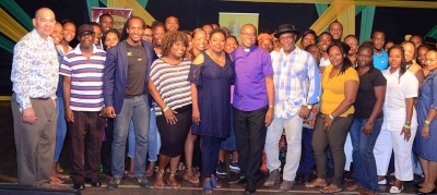 Jamaica Festival Song Finalists celebrate with Minister Grange and State Minister Terrelonge at the semi-finals on Saturday, April 14, 2018