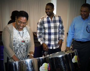 Showing off her skills, the Honourable Olivia Grange, Minister of Culture, Gender, Entertainment and Sport was ‘guest steel pan player’ following her presentation at the Media Launch of Carnival in Jamaica 2018 at the Jamaica Pegasus on Thursday, October 19. Enjoying the ‘session’ are: Kamal Bankay, Chairman, Sports and Entertainment Network and Donnie Dawson, Acting Director Tourism, Jamaica Tourist Board.
